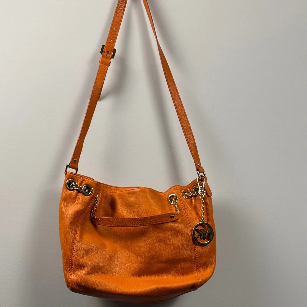 Michael Kors Orange Pebbled Leather Hobo Shoulder Bag Gold MK